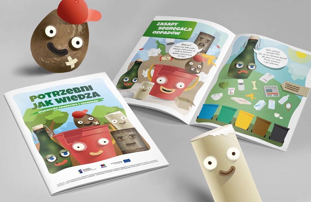 nasze autorskie ilustracje oraz layout broszury wypełnionej tymi ilustracjami: pokazane projekty okładki oraz wnętrza